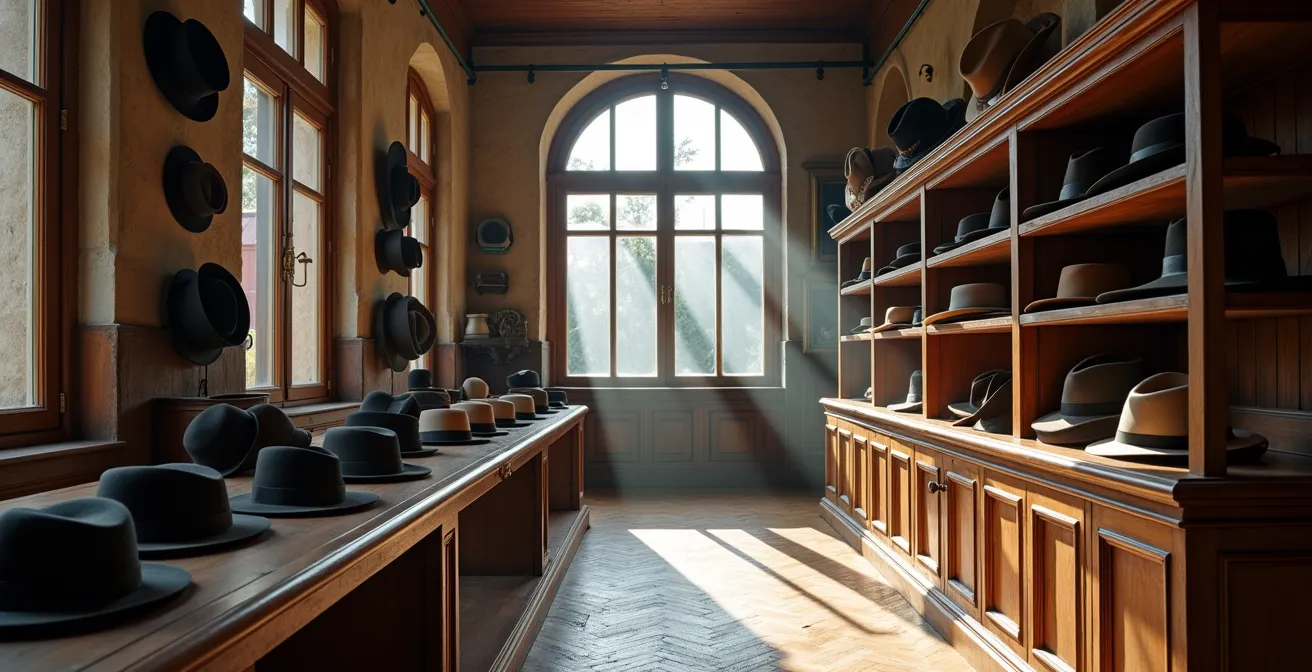 Vue large d'une chapellerie historique avec étagères en bois et chapeaux exposés