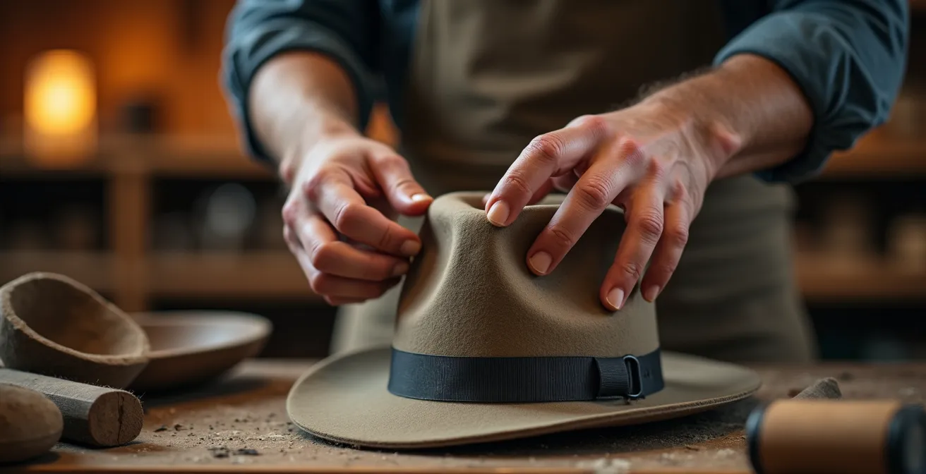 Gros plan sur les mains d'un chapelier ajustant un chapeau sur une forme en bois