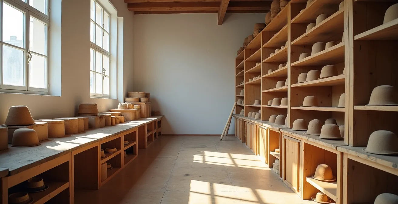 Vue large d'un atelier de chapelier avec formes en bois
