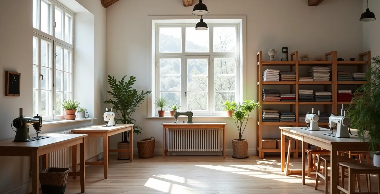 Vue large d'un atelier de couture baigné de lumière avec machines vintage et tissus colorés