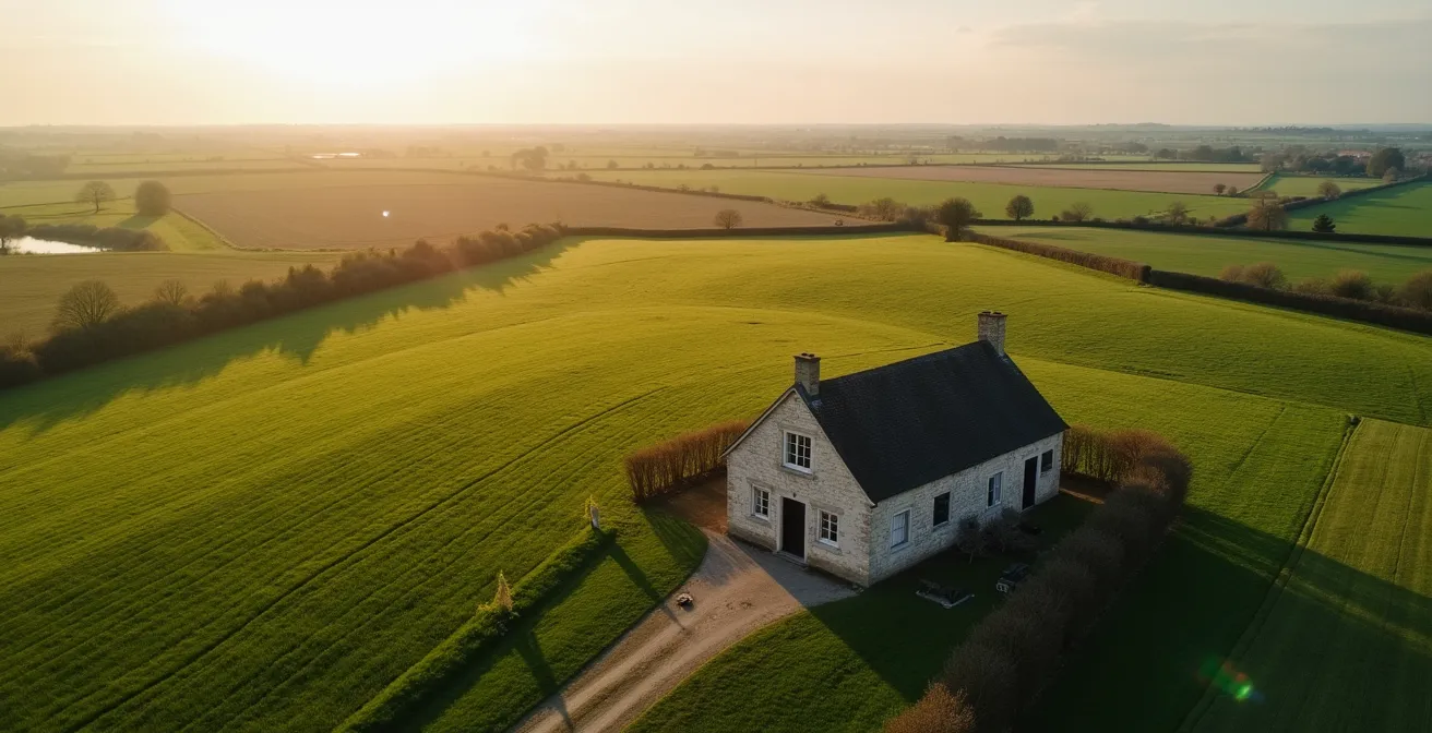 Vue aérienne minimaliste d'un atelier textile normand dans son environnement rural
