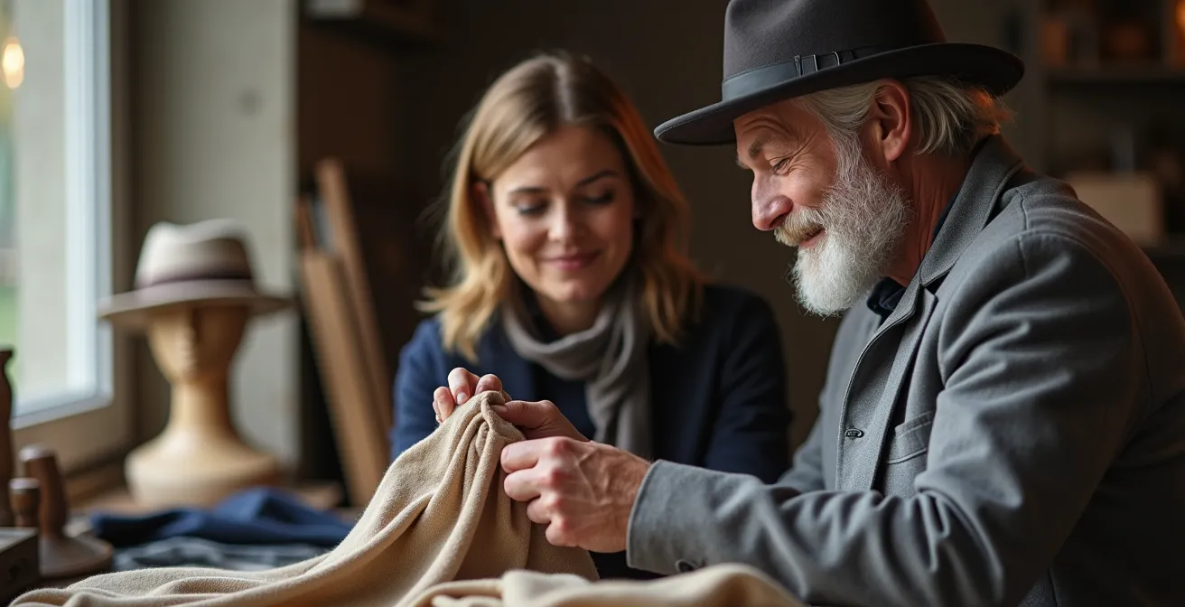 Consultation entre chapelier et client dans un atelier artisanal