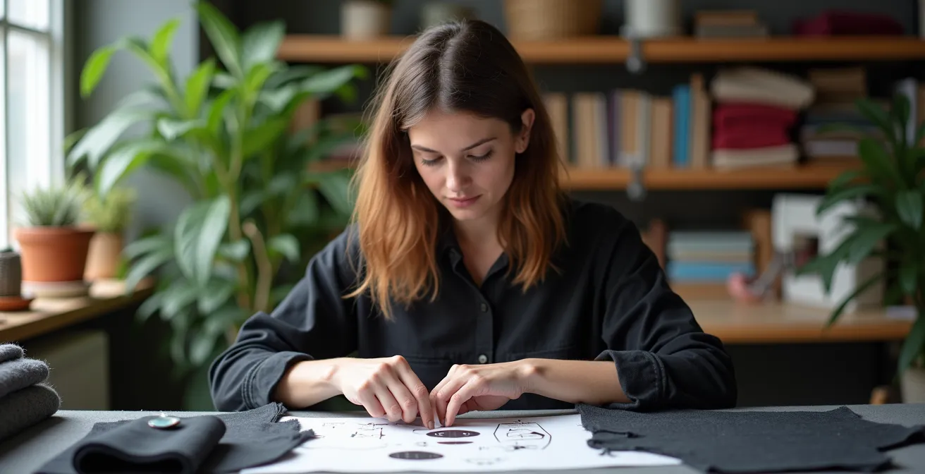 Portrait d'une femme concentrée travaillant sur un patron dans son atelier lumineux