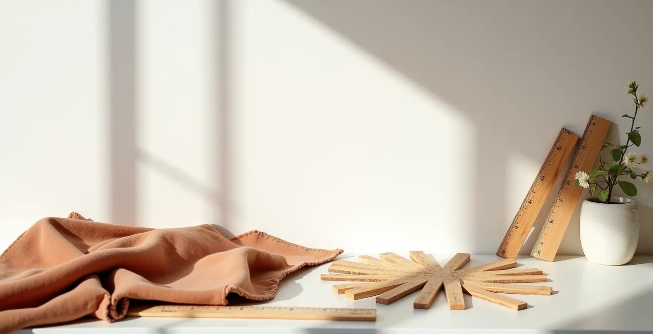 Espace de couture épuré avec patrons organisés et palette de tissus coordonnés