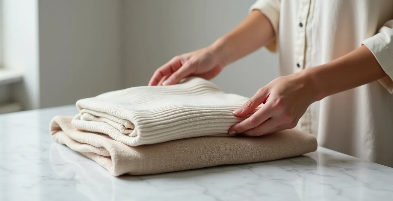 Mains assemblant une garde-robe capsule en maille normande sur une surface épurée