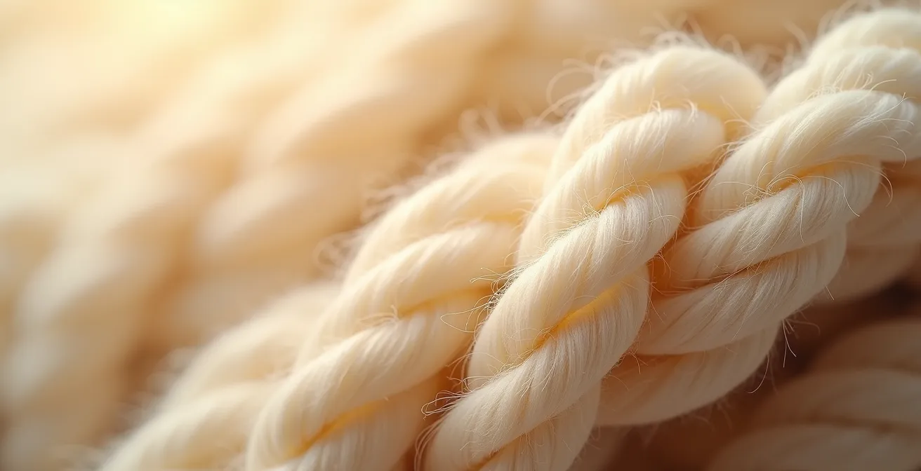 Gros plan sur la texture d'une laine normande filée montrant les fibres naturelles