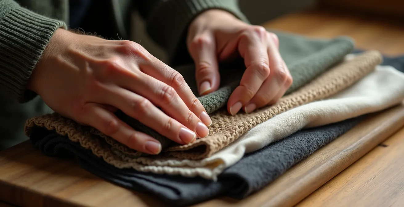 Détail de mains touchant différents tissus naturels aux textures variées