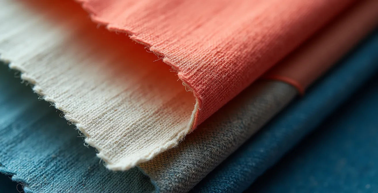 Détail macro de différentes textures de tissus empilés, du lin brut au velours