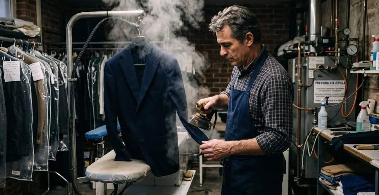 Artisan pressing français appliquant un traitement vapeur délicat sur une veste en laine marine dans son atelier traditionnel