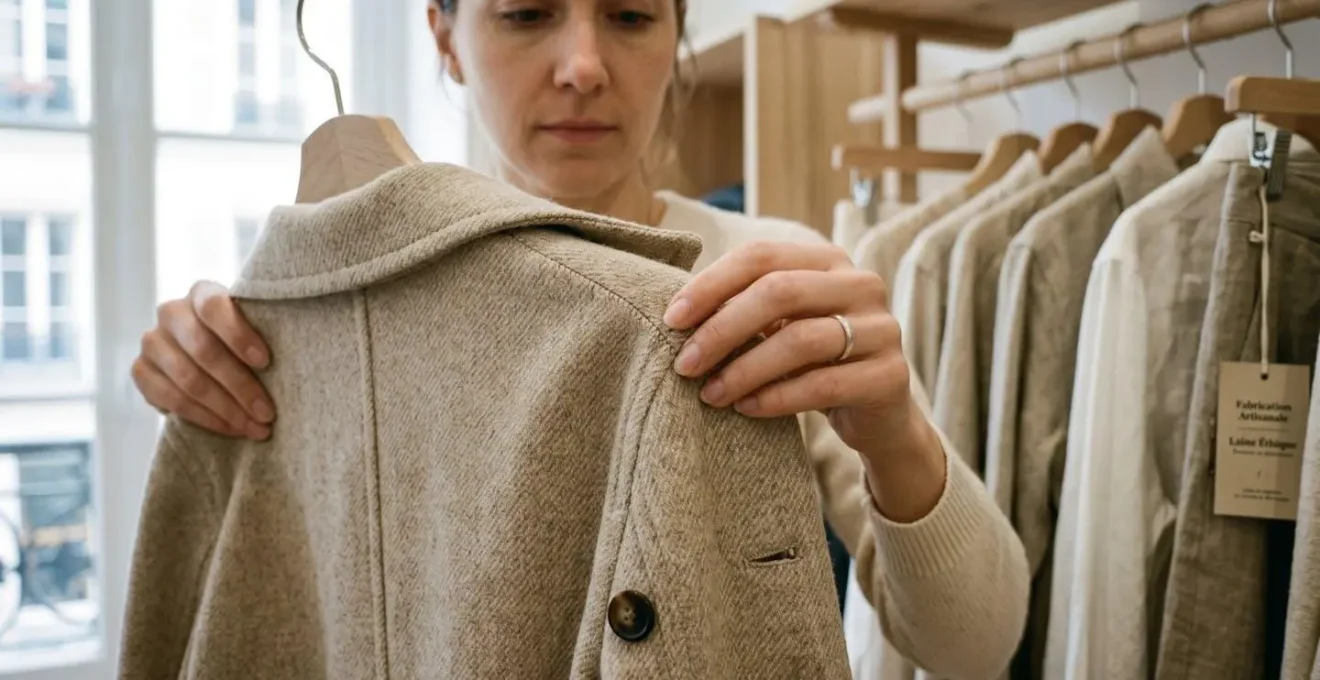 Femme examinant attentivement les détails de couture et la qualité du tissu d'une veste en laine beige dans une boutique de mode durable française