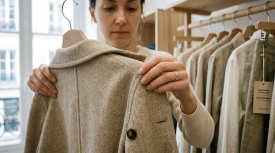 Femme examinant attentivement les détails de couture et la qualité du tissu d'une veste en laine beige dans une boutique de mode durable française